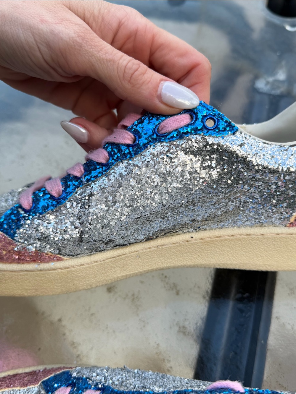 Golden Goose Silver Glitter Sneakers with Pink Star and Blue & Pink Accents - Picture 14 of 16